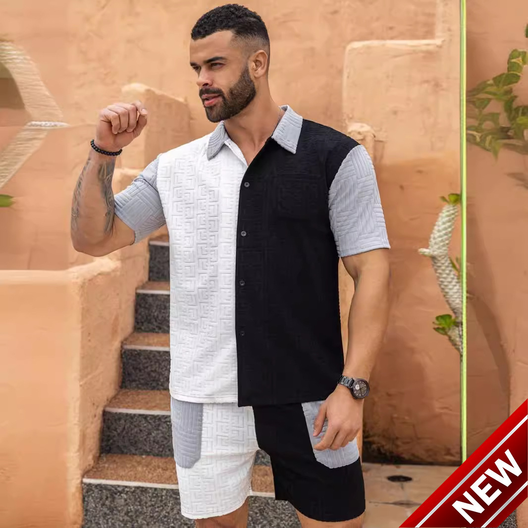 Tem 2025 Summer Mens Casual Sports Set Jacquard Knitted Shirt Mens Shorts Set Trendy