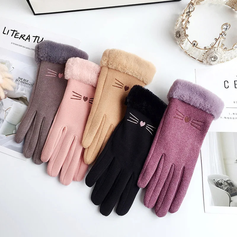 Winter Female Cashmere Warm Suede Leather Cycling Mittens Double Thick Velvet Plush Wrist Women Touch Screen Driving Gloves 251106