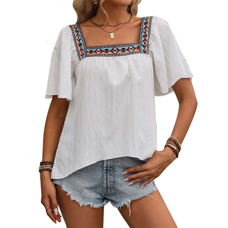 Cross-Border Foreign Trade European and American Summer Vacation Lace Embroidery Square Neck Shirt Pullover Ruffle Short Sleeve Backless Blouse Women&