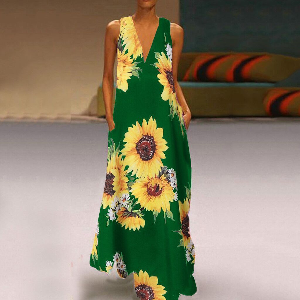 New women's Bohemian printed sunflower V-neck sleeveless pocket insert summer long dress