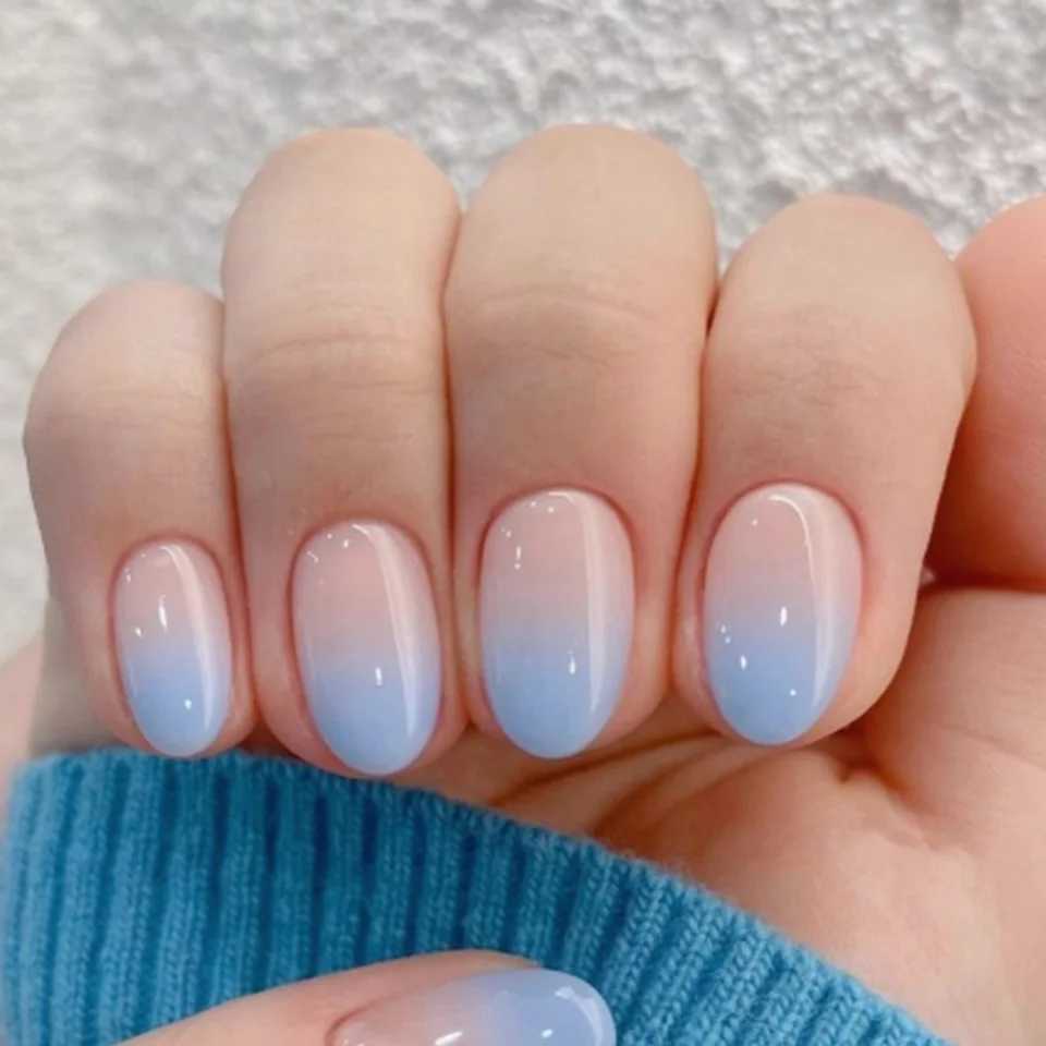 24 pieces/set of simple and fashionable girls short oval shaped pink gradient full coverage wearable fake nails W250410