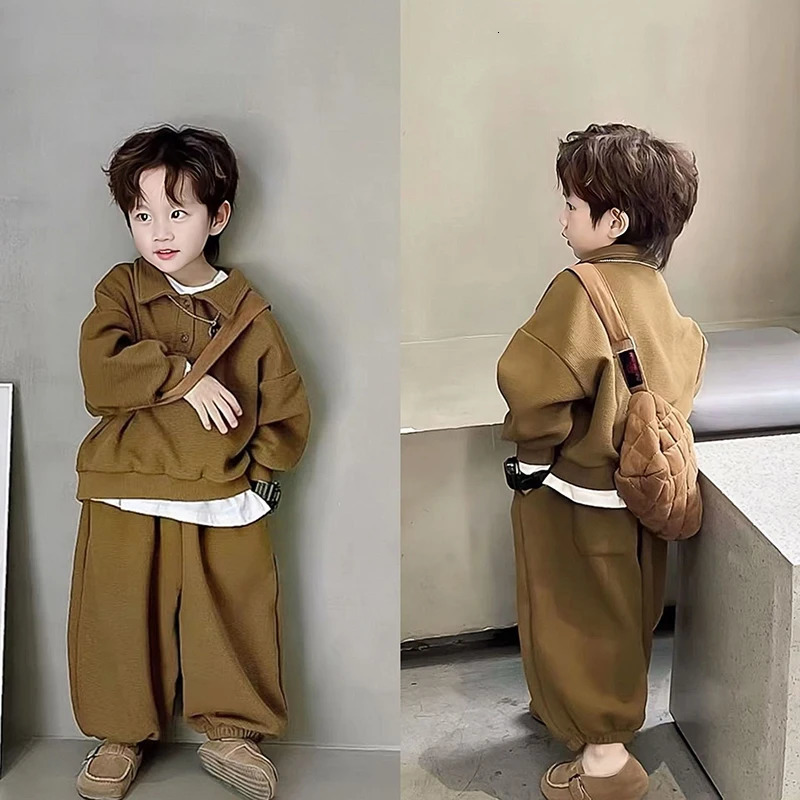 Korean boys winter set fashion plush polo shirtwaffle pants autumn two-piece set womens top and bottom pants set 250409