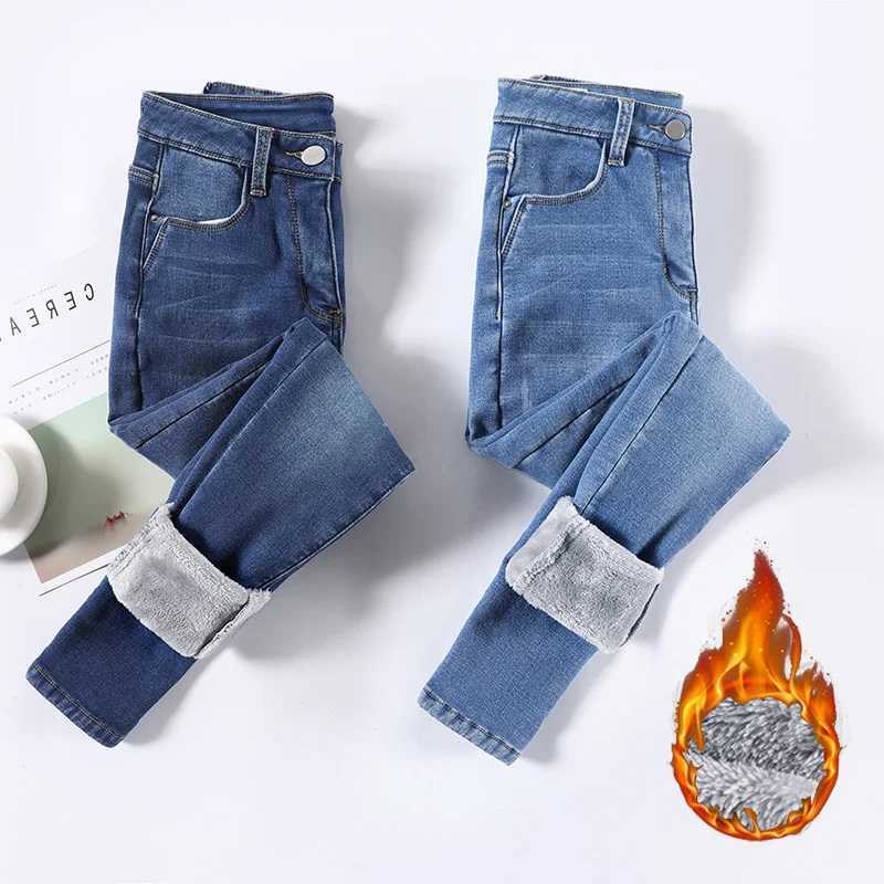 Lady Winter Hot Sale Plush Thermal Jeans Girls High Waist Snow Warm Denim Pants Women Classic Straight Leg Fleece Trousers C251110