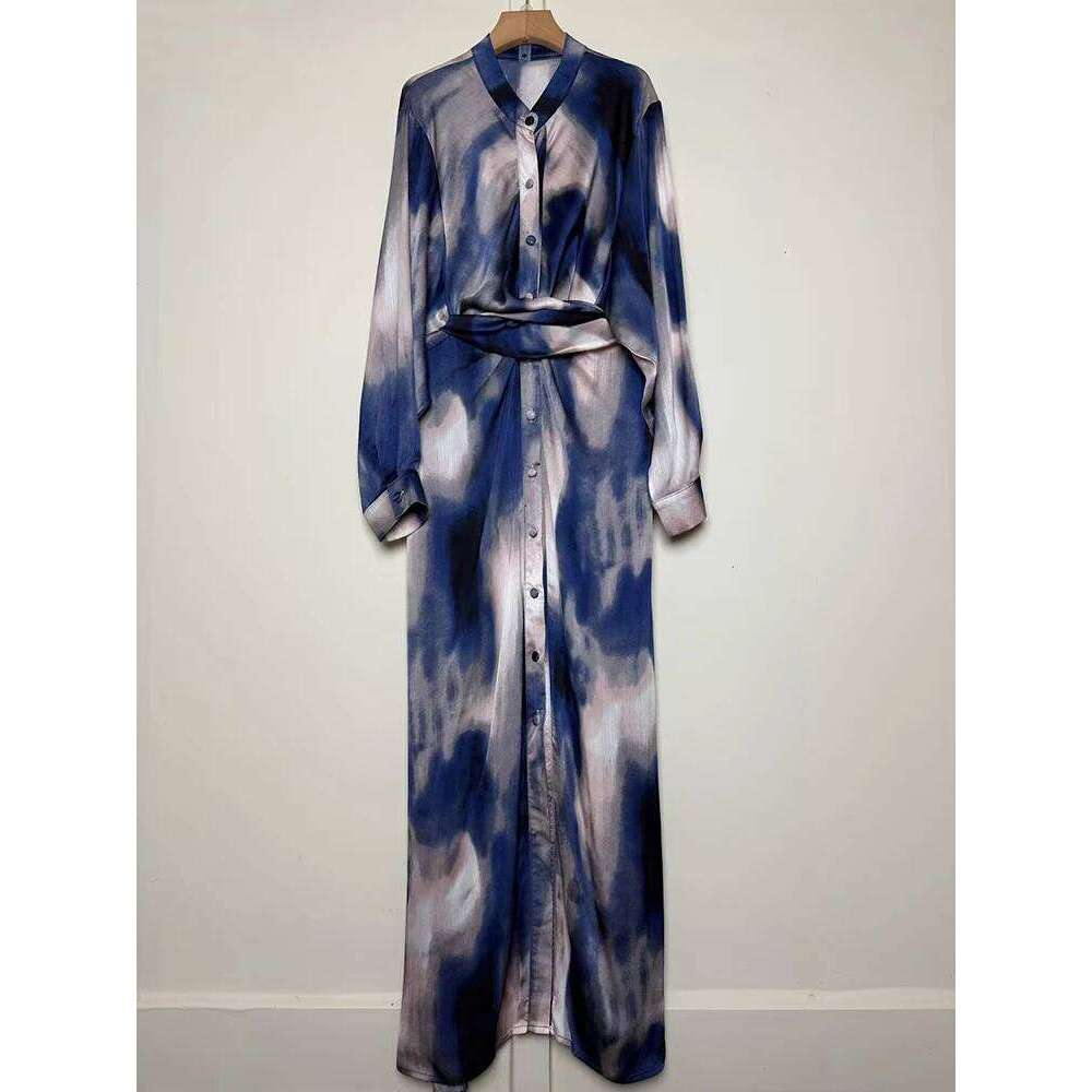 Vintage Geometric Printed Stand Collar Twist Waist Dress 2025 Spring Women's Single Breasted Shirt Loose Straight Skirt