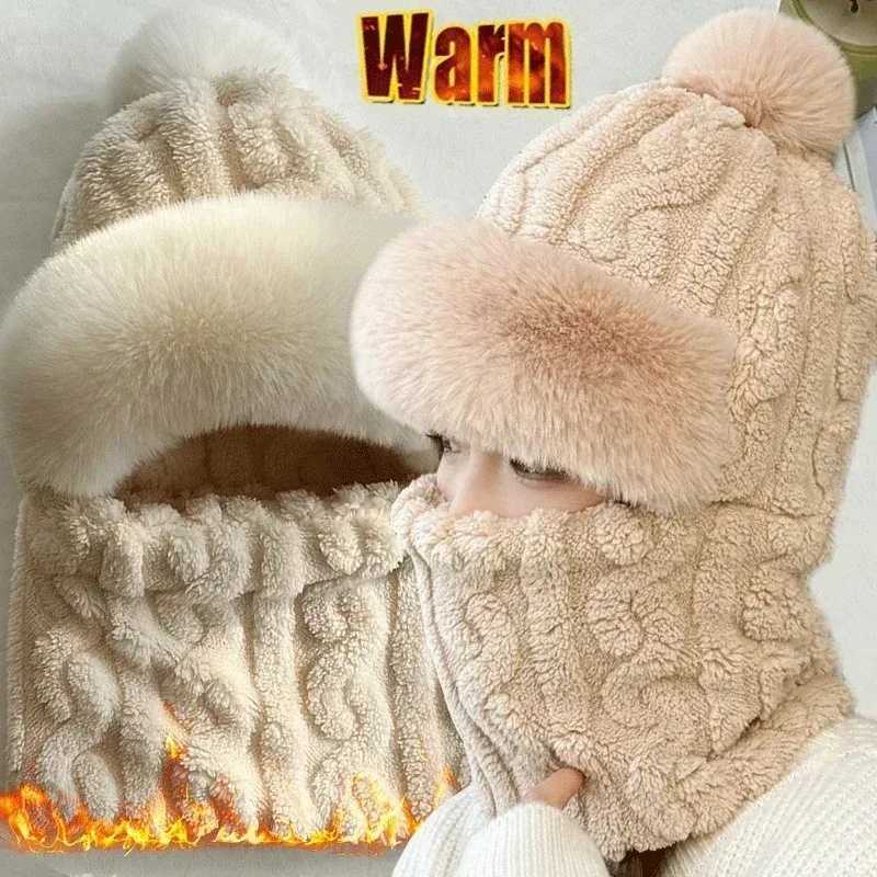Winter Beanie Hat Scarf Mask One-Piece Fleece Pom Beanies for Women Warm Bonnet Ears Protection Multifunctional Skiing CapsXJ251110