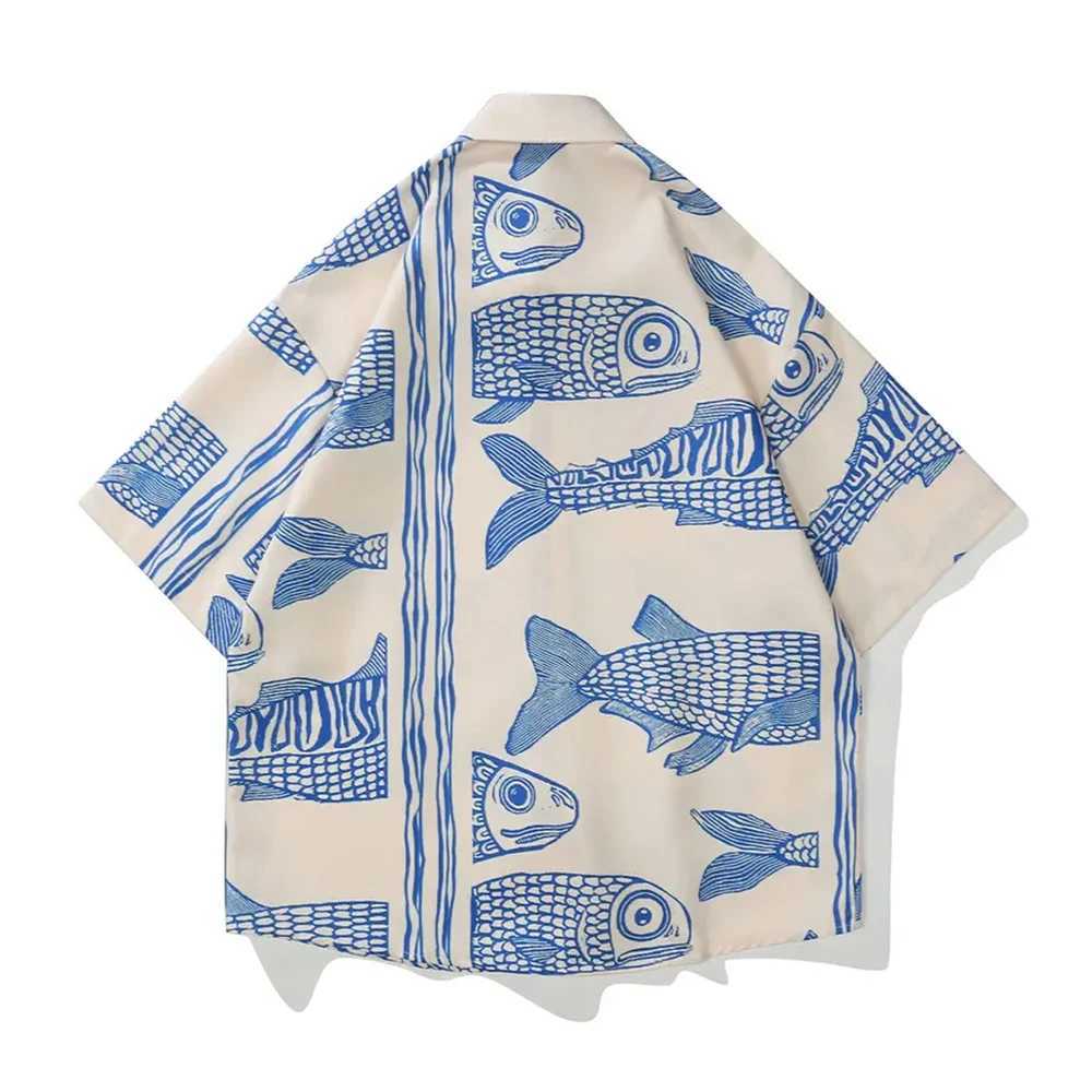 Summer shirt retro fish pattern short sleeved lapel shirt mens casual vacation button up shirt full set printed short sleeved shirt X250410