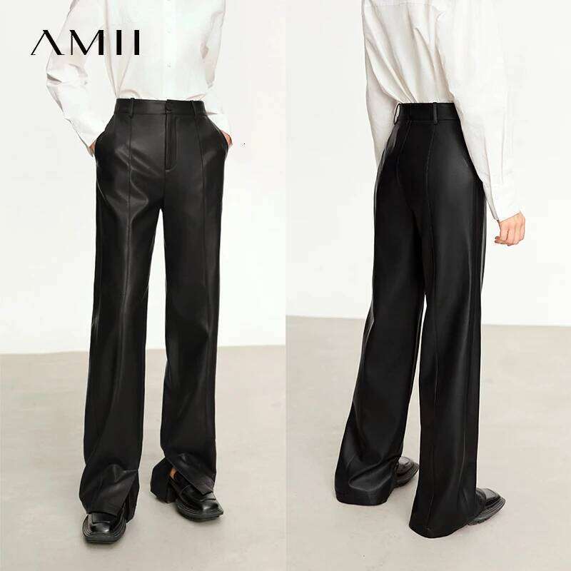 AMII Minimalist PU Leather Casual Pants For Women 2025 Autumn New Loose Floor Length Straight Slit Female Trousers 12343250