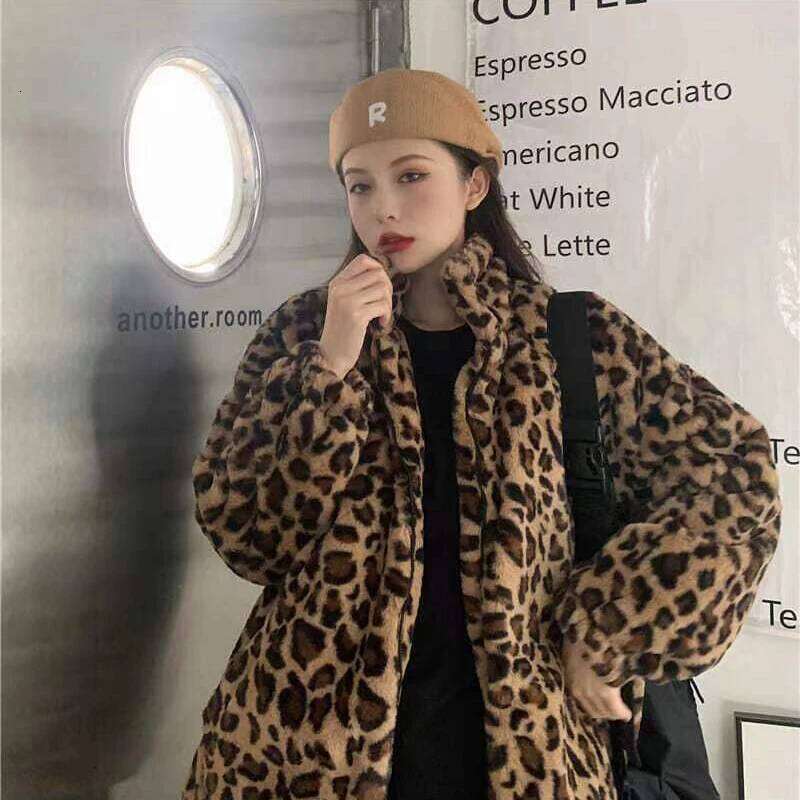 Leopard Winter Coats Women Streetwear Vintage Thicken Imitation Mink Veet Outwear Loose Casual Zipper Hotsweet Haruku Tops