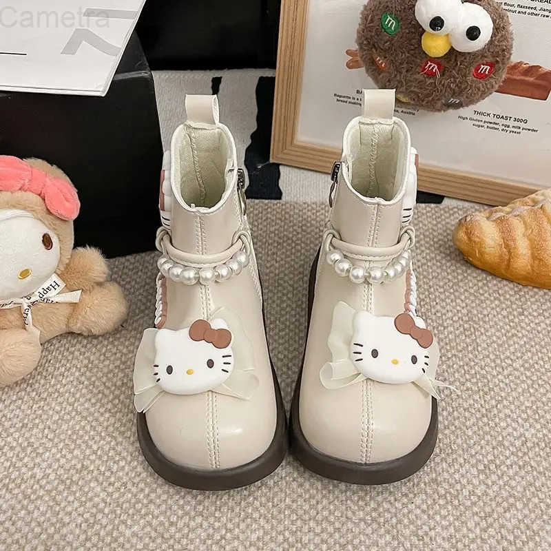Sanrio Kawaii Hello Kitty Children Cute Cartoon Comfortable Warm Leather Boots Students Waterproof Boots Flat Shoes for Kids H251110