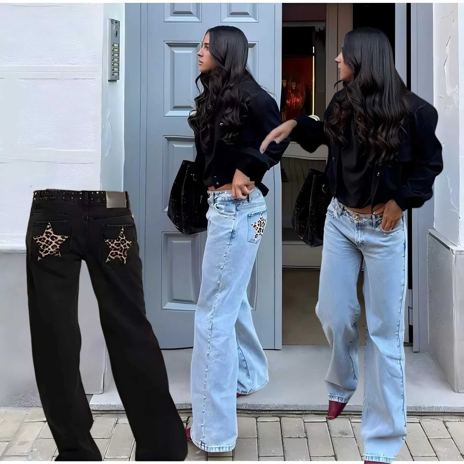 Block Y2K Hot Leopard Print Five-pointed Star Striped Rivet Exterior Decoration Jeans Straight-leg Pants Trendy Womens Clothing C251110