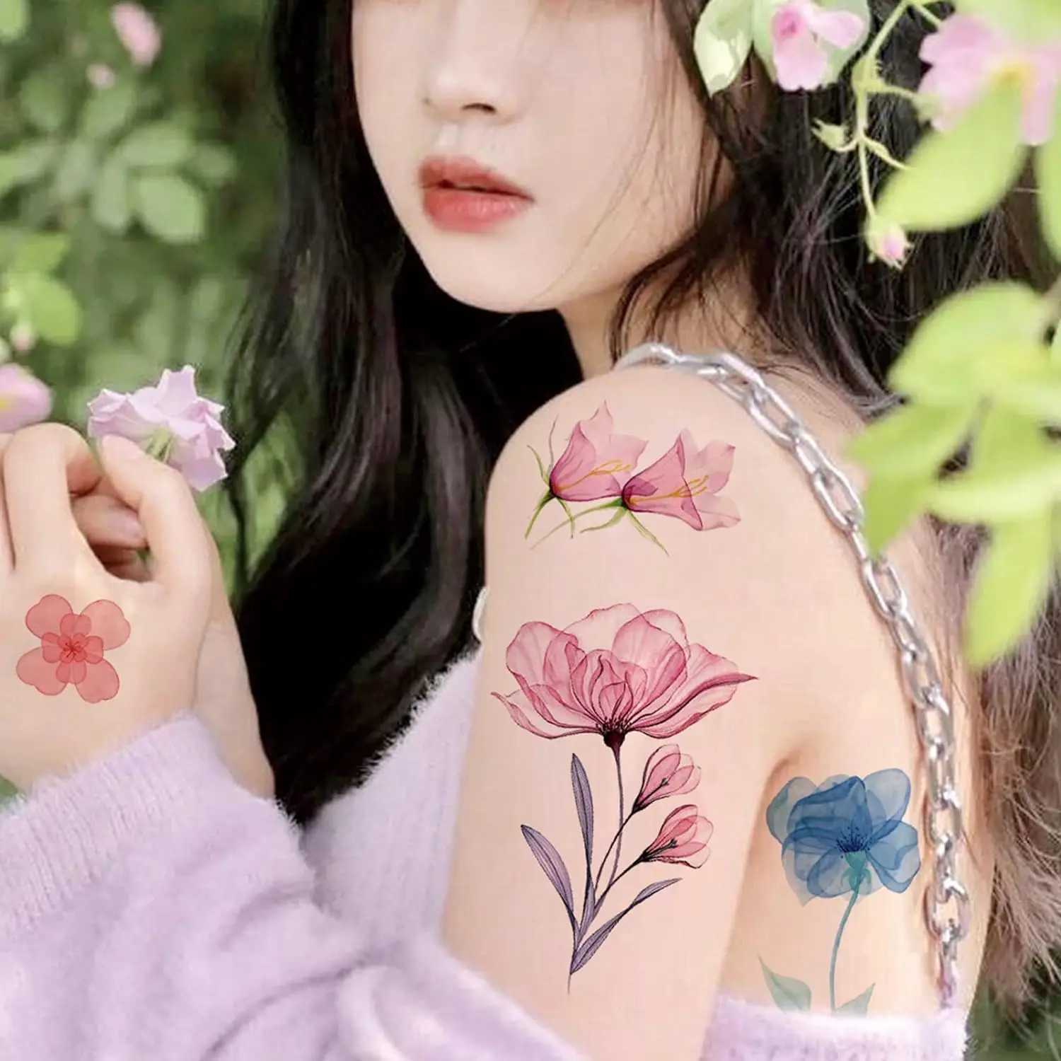10 pieces of 3D watercolor lavender flower temporary tattoo female body art arm fake adult tattoo sticker waterproof girl tattoo W250410