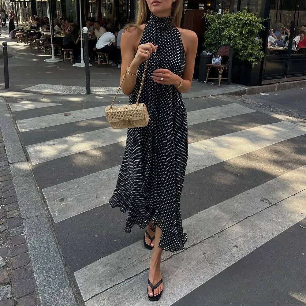 KONDALA Sexy Halter Scarf Dot Print Women Sleeveless Backless Chiffon Holiday Fashion 2025 Summer Loose Beach Dress