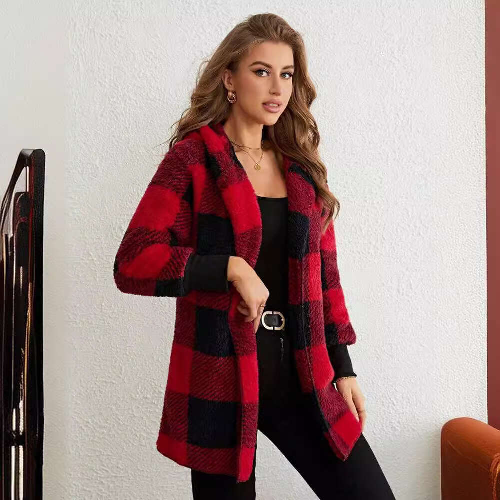 2025 Amazon Cross-Border New European and American Loose Plaid Color Block Knitted Cardigan Fashion Foreign Trade Sweater for Women