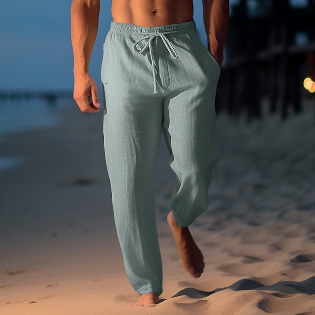 Mens linen pants summer pants beach pants drawstring elastic waist straight tube flat comfortable breathable casual daily wear