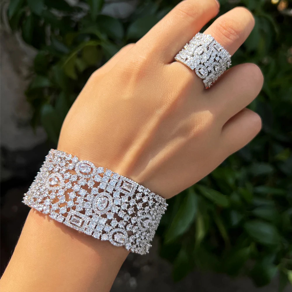 CWWZircons Chunky Cubic Zirconia Inlay Wide Big Open Cuff Bangle and Ring Dubai Wedding Bridal Party Jewelry Sets T749 250409