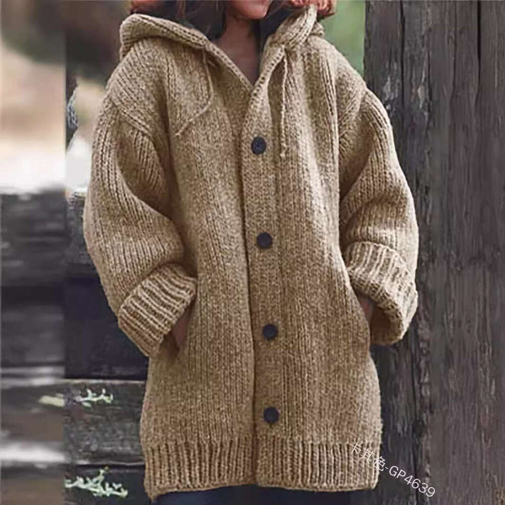 In Stock European and American Hot-Selling Women's Mid-Length Sweater New Cardigan Hooded Jacket
