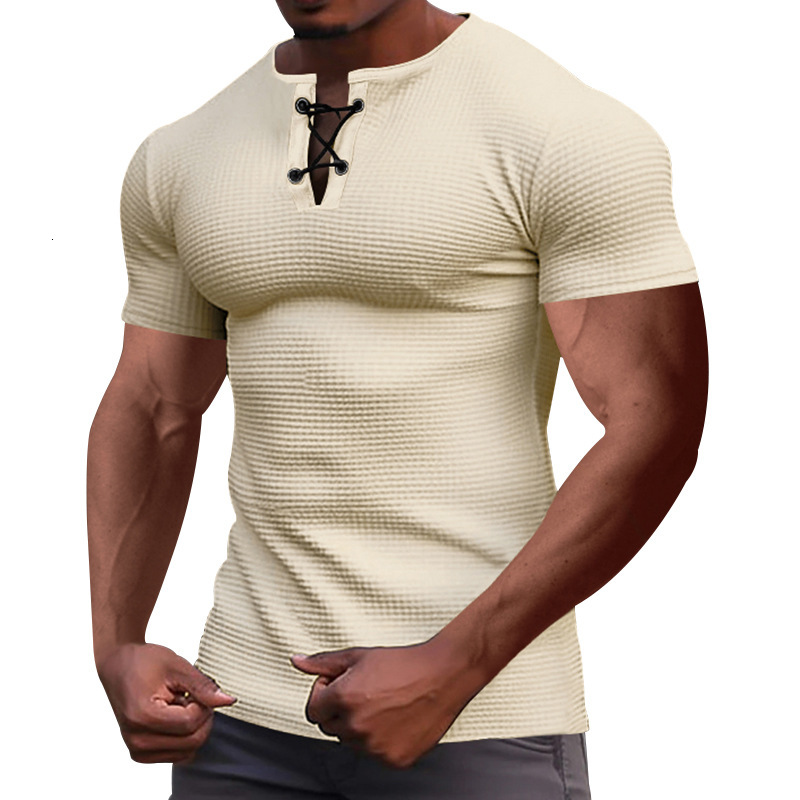 2025 summer sports fashion slim fit breathable mens short sleeved t-shirt mens tied rope Henley shirt