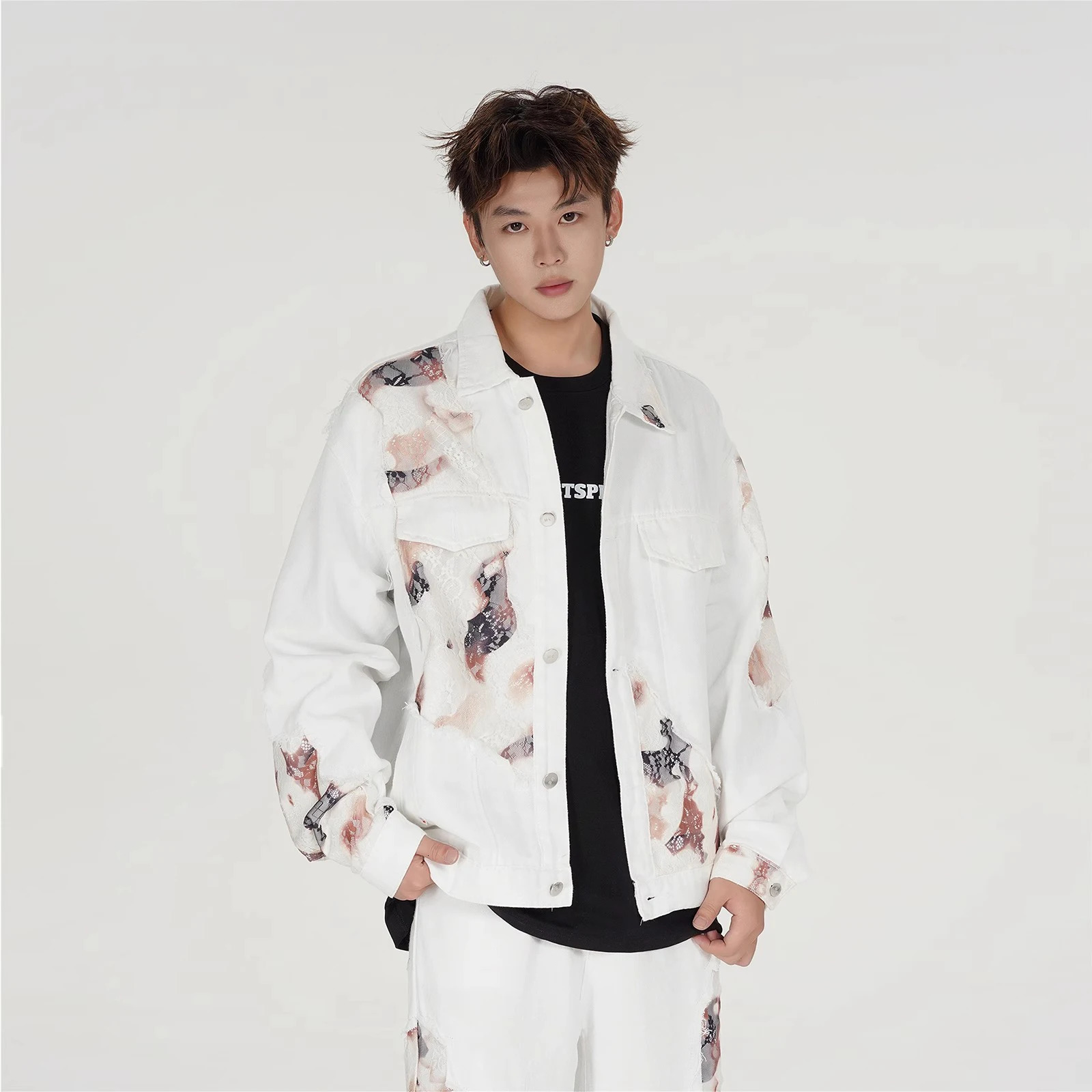 2025 Product Japanese Retro Jacket Denim Street White Jeans Trend Personalized Flame Splicing Stickers Lace Men 250401