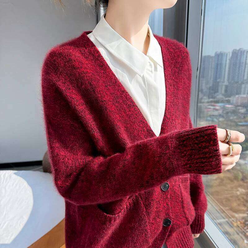 Fancy-Yarn Thickening Wool Women V-Collar Long Sleeve Wear Lady 2025 Winter Top Female Loose Ladies Sweater Plus Size Clothing