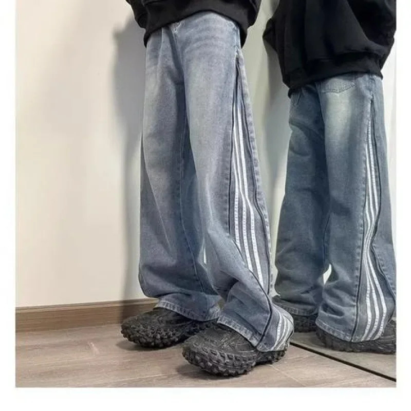 American style retro mens jeans loose fit straight leg casual trend with three stripes embroidered clock bottom 250408