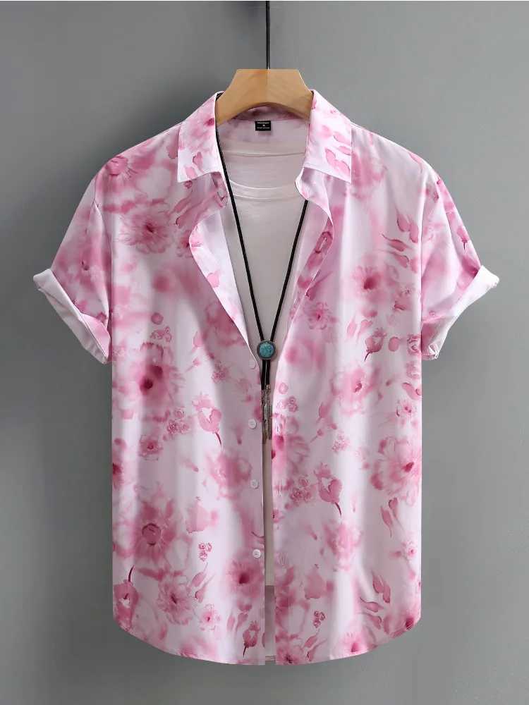 Pink floral print beach mens summer casual short sleeved Hawaiian mens daily top party outfit X250410