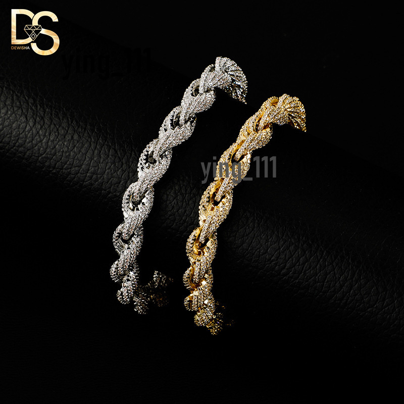 8mm Spring Buckle Full Zirconium Twisted Chain Hip Hop Bracelet Twist Rope Cuban Link Chain Necklace