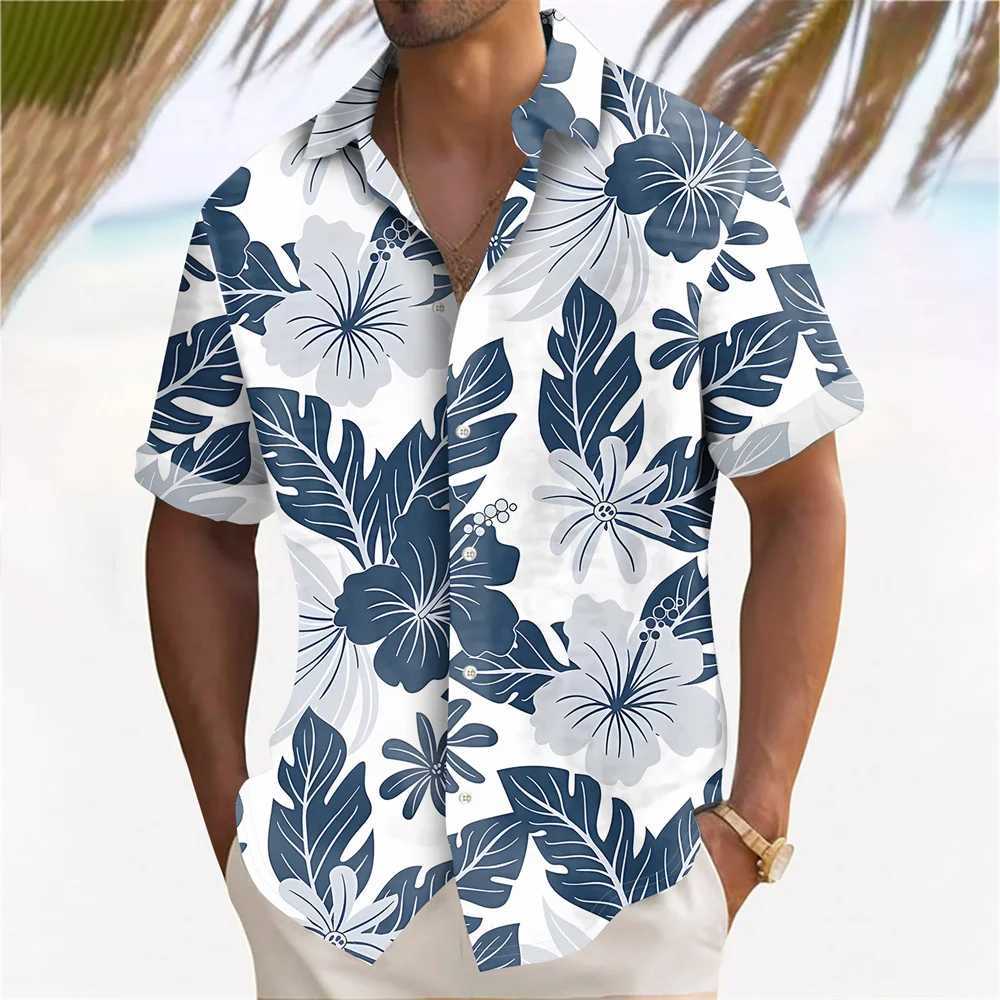 Beach holiday style Hawaiian shirt with leaf and flower patterns summer travel short sleeved top fashionable casual lapel button up shirt X250410
