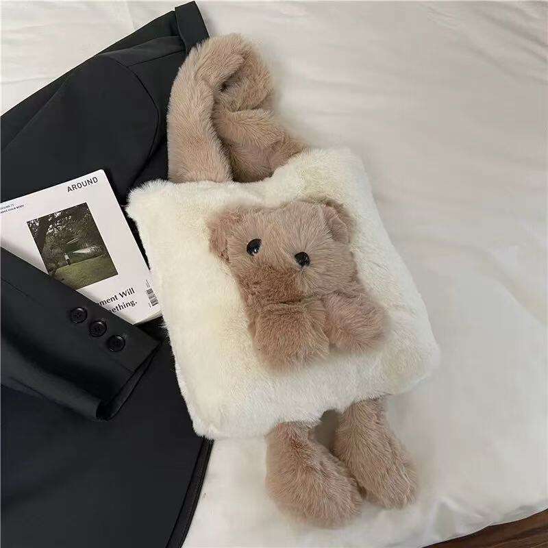 Women Handbag Cross Border New Tote Faux Rabbit Fur Women S Bag Fashion Simple Shoulder Bear Girly Handbag