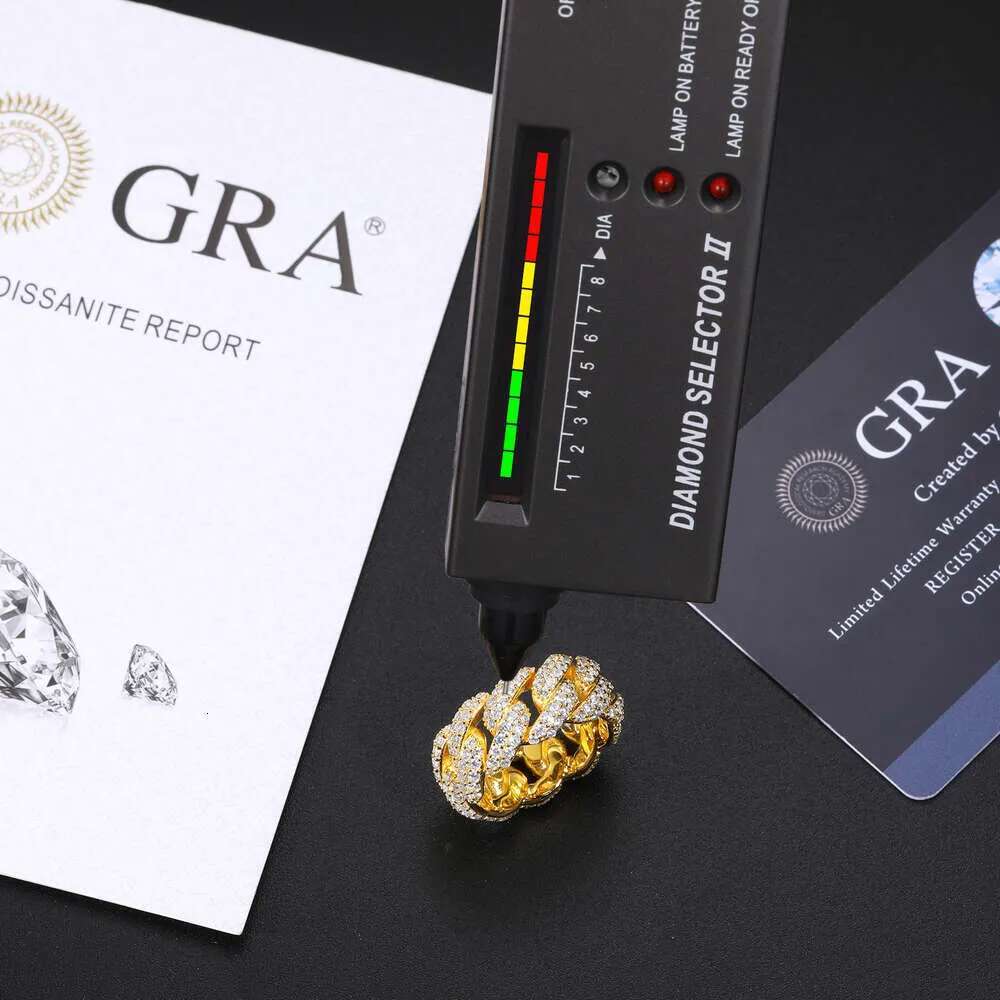 Bg Hip Hop Jewelry 9mm Gold Plated Sterg Sier Vvs Moissanite Dia Iced Out Cuban Band Ring for Men