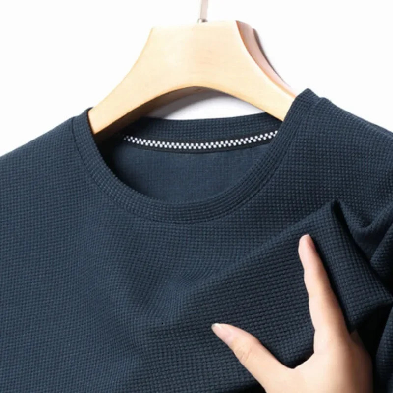 summer waffle round neck mens short sleeved T-shirt 250409