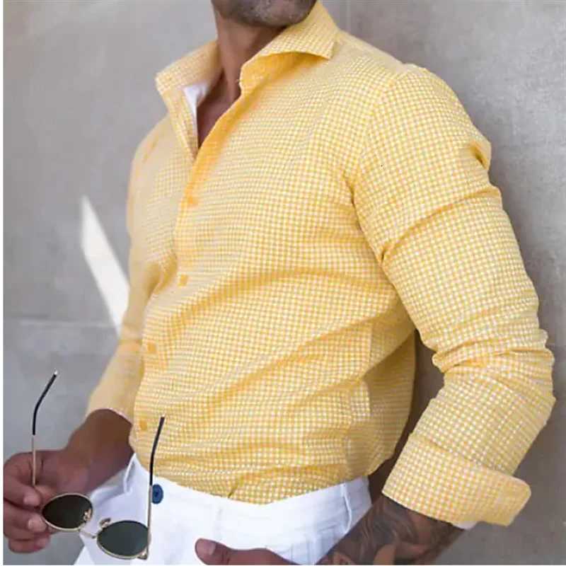 Fashion 2023 Mens Shirt Button Down Shirt Casual Shirt Yellow Long Sleeve Plaid Lapel Street Daily Clothes Casual Comfortable K251110