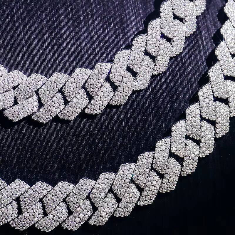 Wholesale Price 3 Row Moissanite Cuban Chain Necklace 15mm Ready to Ship Sterling Silver Style for Men Style Gift Necklace