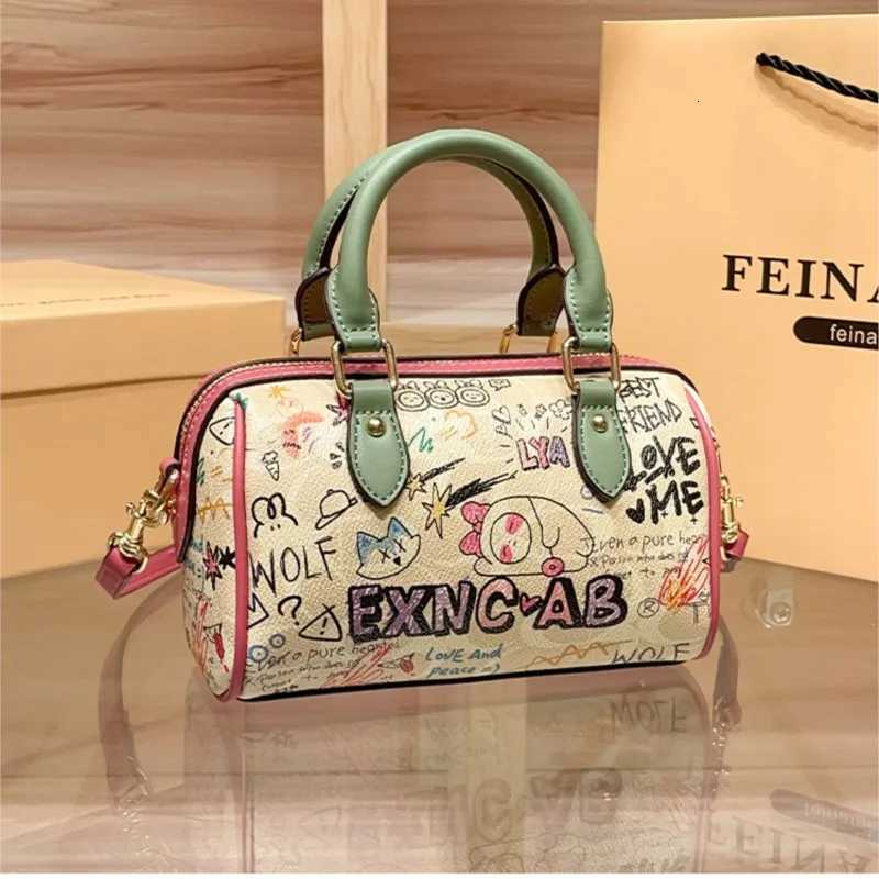Brand Womens Handbag 2025 Spring/Summer New High end Single shoulder Crossbody Bag Graffiti Bear Boston Pillow Bag K251110