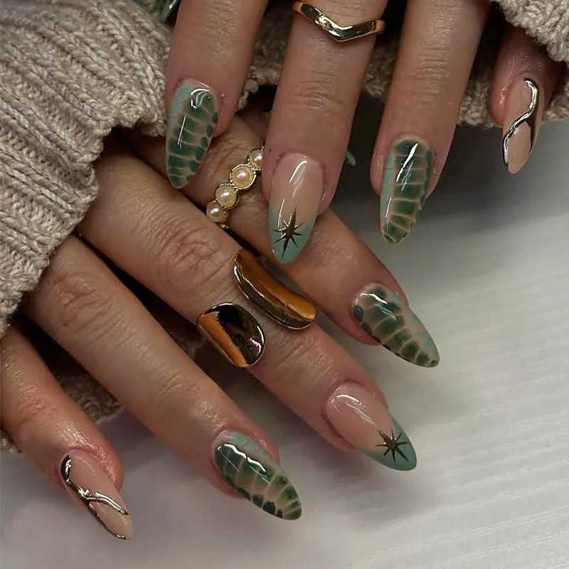 24 pieces of fake nails spicy silver bow diamond fake nails glue almond pressed on nails black cool Y2k almond nail set W250410