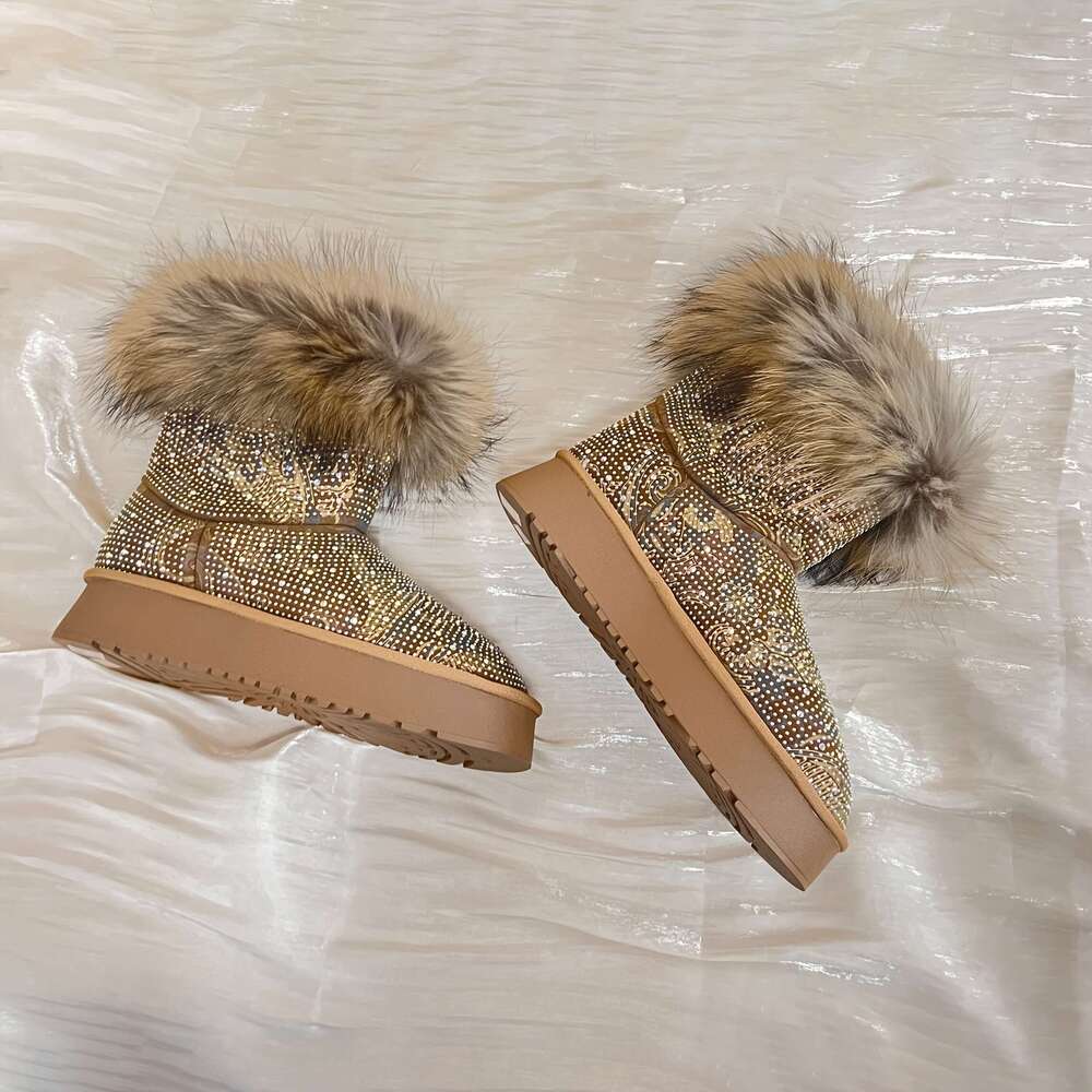 Women's Rhinestone Snow - Thick Sole Mid-Calf With Fluffy Trim, Glittery Round Toe Design, And Warm Insulation For Cold Weather, Winter Boots