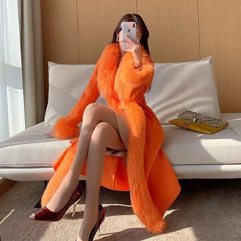 Woolen Fashion MidLength Wool Women's Winter Collar Internet Celebrity Faux Fur Coat Trendy