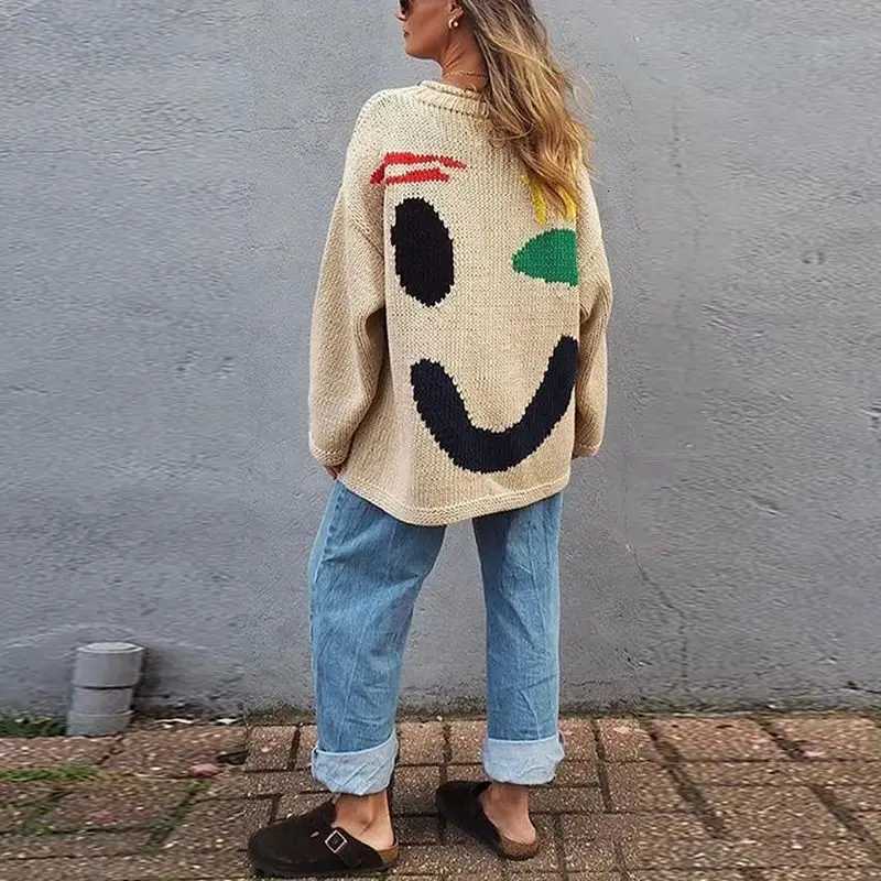 Fashion New 2024 Autumn Womens Oversized Sweaters O Neck Knitwear Long Sleeve Loose Fit Pullovers Female Casual Smile Boho Sweater Tops Y251110