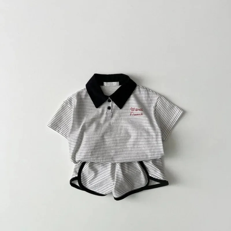 Summer Korean Style Baby Boys 2PCS Striped Clothing Cotton ShirtShorts Childrens Girls Casual Loose Polo Shirt Set 250409