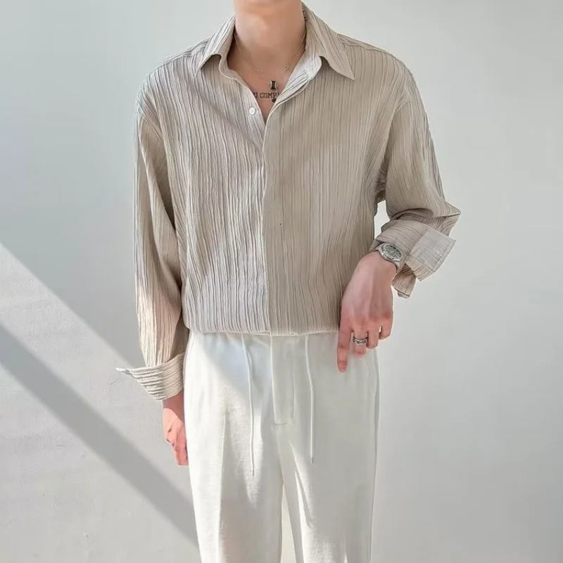 Black Apricot White Long-sleeved Shirt Men Fashion Social Mens Dress Shirt Korean Loose Casual Pleated Shirts Mens Formal Shirt 250408