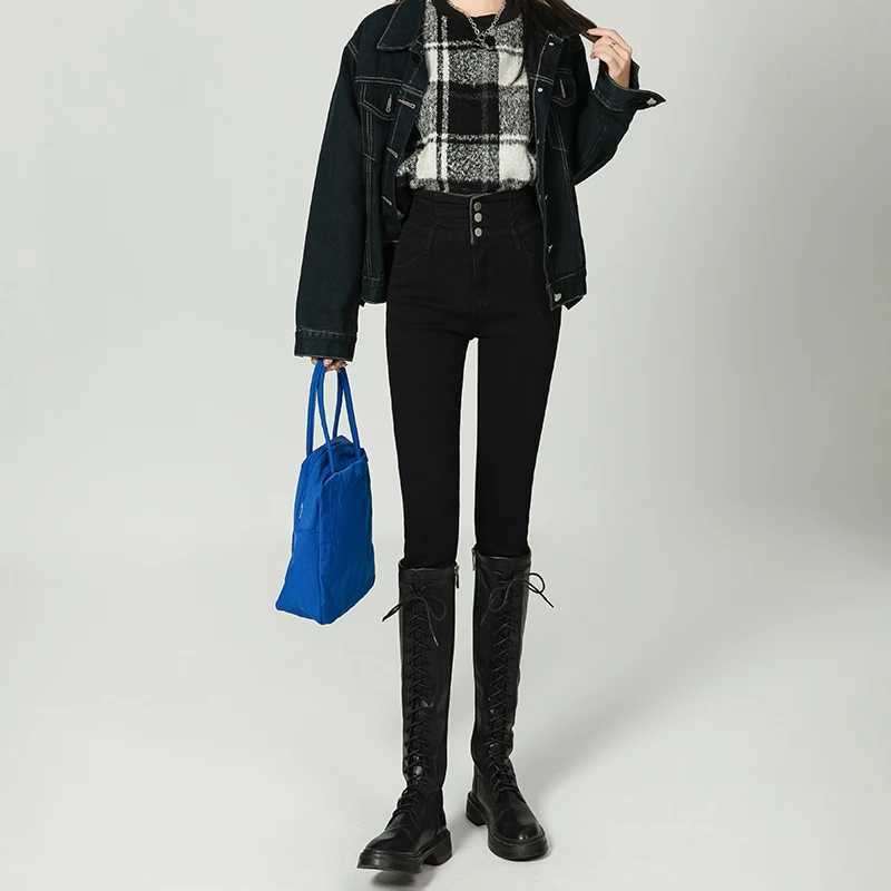 OUSSYU Winter Thick Velvet Women Jeans High Waist Skinny Pants Warm Fleece Slim Stretch Ladies Casual Denim Pencil Trousers C251110