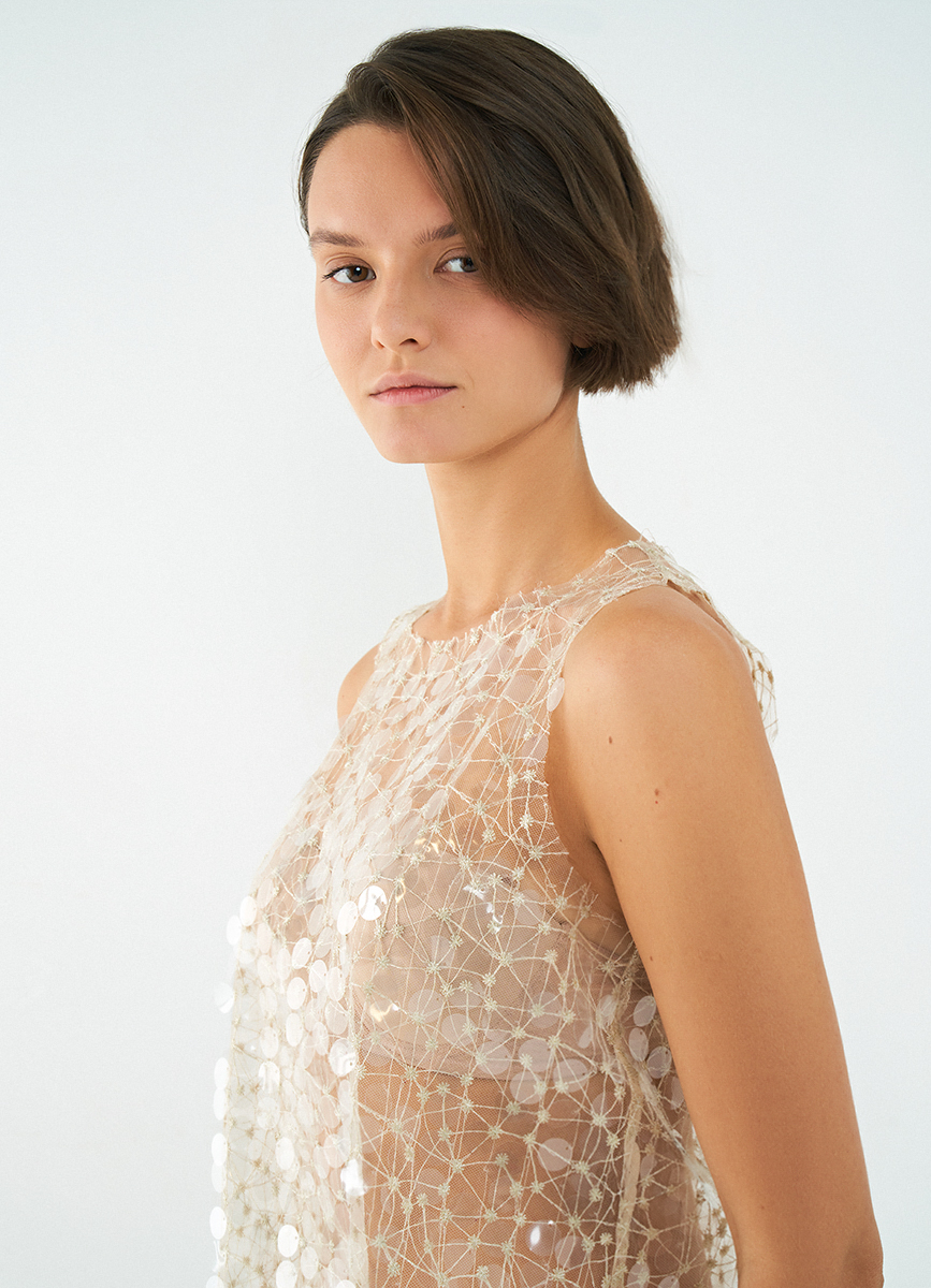 Women's Beige Large Sequin Scoop Neck Sleeveless Top, Flared Silhouette Party Blouse