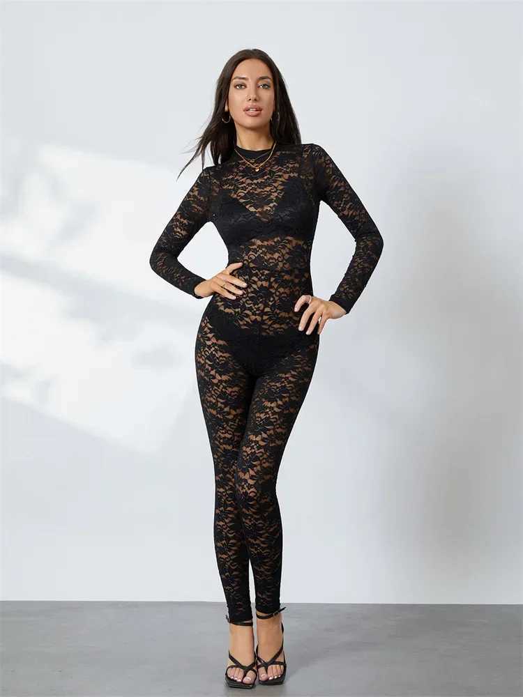 Womens Lace Jacquard Jumpsuits All Mock Neck Bodycon Romper S Through Club Sexy Overalls Strtwear W250306