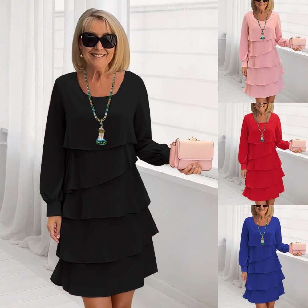 2025 Amazon Foreign Trade Autumn Fashion Cake Women's Elegant Loose Slimming Round Neck Long Sleeve Dress