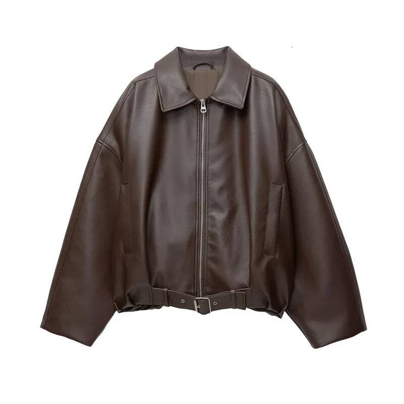 Stand Collar Short Leather Jacket Women Zipper Solid Single Breasted Full Sleeve Lapel Belt Coat 2025 Autumn Lady Chic Outwears dongdumaoyi