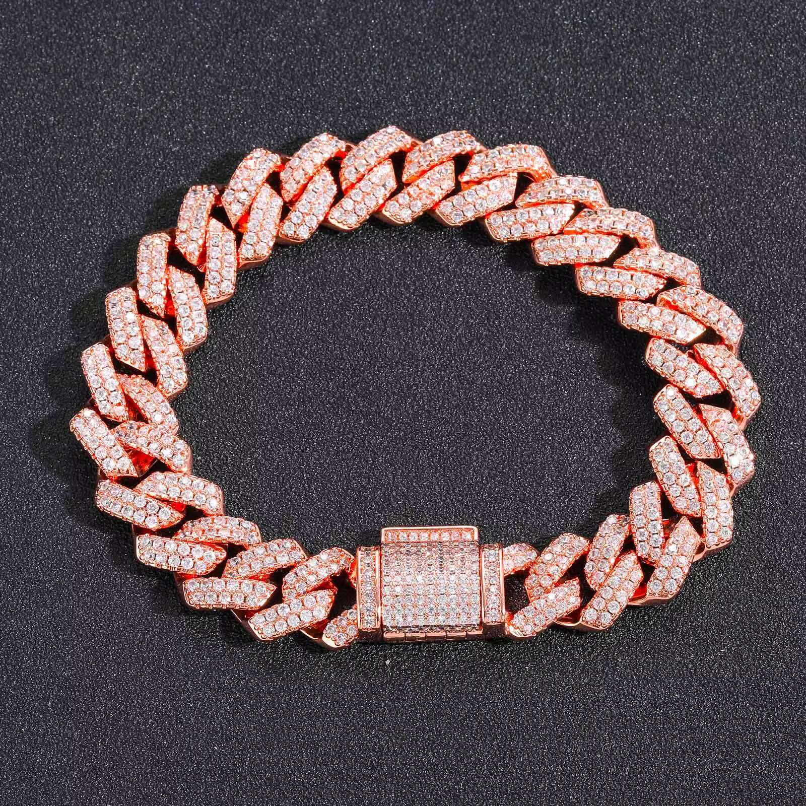 14mm Cuban Chain Pink Zircon Bracelet Genuine Gold Plated Ice Out Necklace Women's and Men's Jewelry Gift