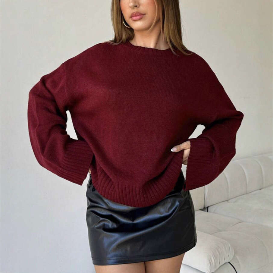 European and American Style Winter New Round Neck Wide Cuff Pullover Loose Solid Color Long Sleeve Versatile Knitted Sweater for Women