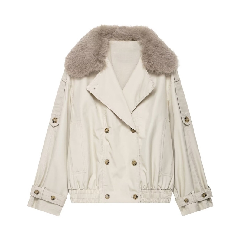 autumn womens casual fashion temperament short fur splicing doublebreasted trench coat jacket 251106