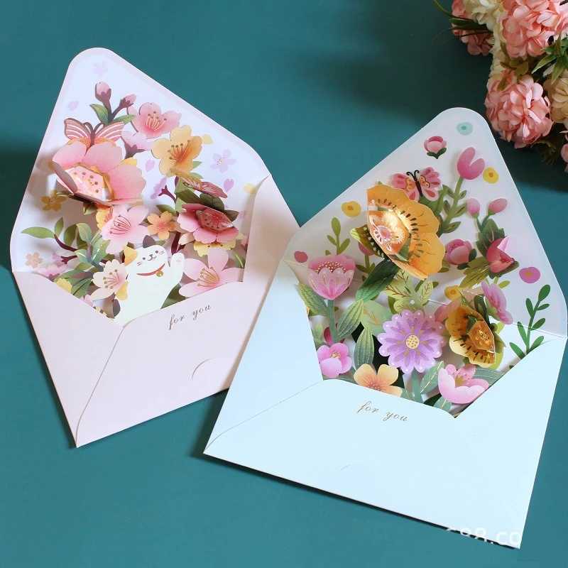 New Rantic Flower Birthday Christmas Card 3D Pop up Card Set Postcard Par Wedding Decoration Creative Gift Card Y250410