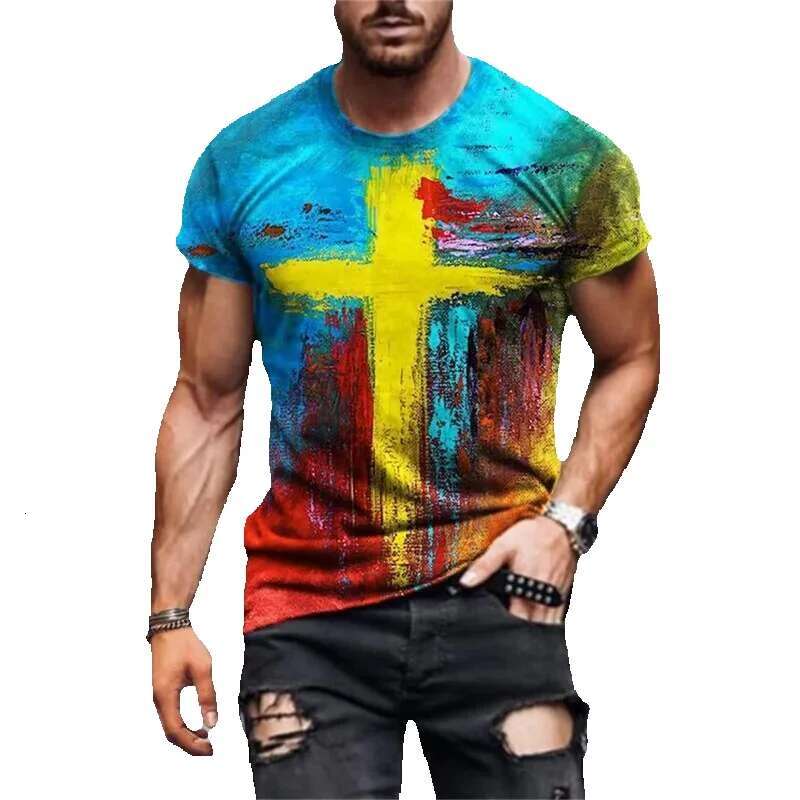 Men's short sleeved T-shirt, casual streetwear, fully printed, vibrant Christian cross, brand new