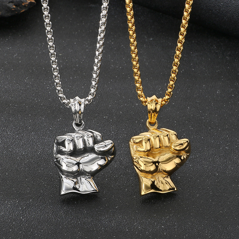 Retro Fitness Fist Pendant Necklace Stainless Steel Gold Plated Mens SportsJewelry